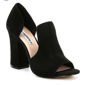 Karl Lagerfeld Black Suede Block Heel Open Toe Shoes Size 7.5 / 38 Leather NEW
